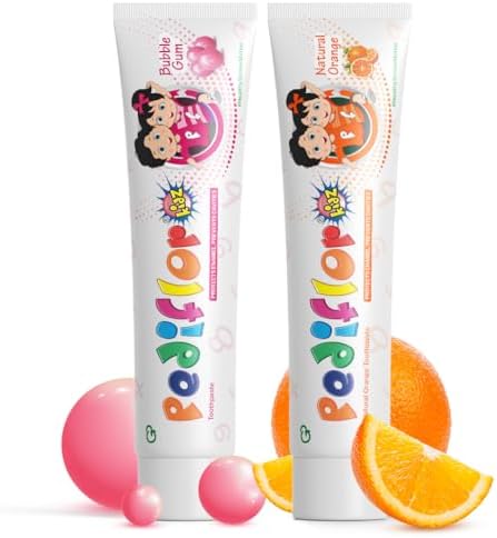 PEDIFLOR Kidz Anti-Cavity Protection Toothpaste Combo Pack of 2 (70g Each) | Doctor Recommended Kids Toothpaste with Bubblegum & Orange Flavors | Contains Fluoride & Xylitol for Children | Vegan