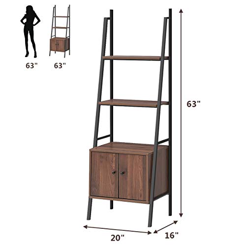 Tangkula 3 Shelf Ladder Bookshelf, Freestanding 3-Tier Wooden Bookcase with Doors, Multifunction Display Shelf, Plant Stand, Decor Furniture for Home Office (1, Walnut)