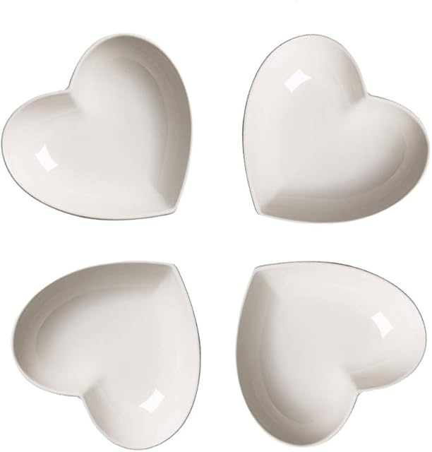 Super Cute Heart Sharpe Ceramic Sauce Dish,Mini Side Seasoning Dish,Condiment Dishes/Sushi Soy Dipping Bowl,Snack Serving Dishes,Love Porcelain Small Saucer Set(Set of 4) (12cm)
