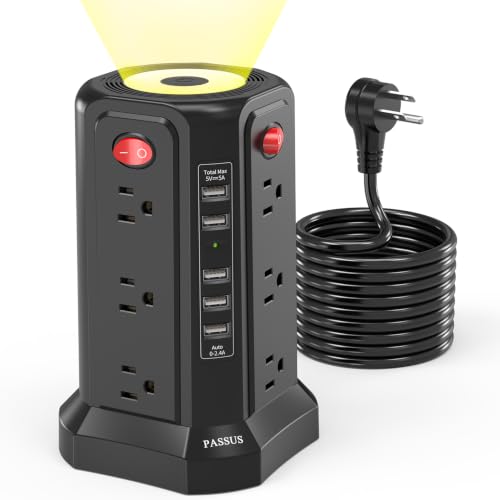 PASSUS Surge Protector Power Strip Tower with 5 USB Ports Black