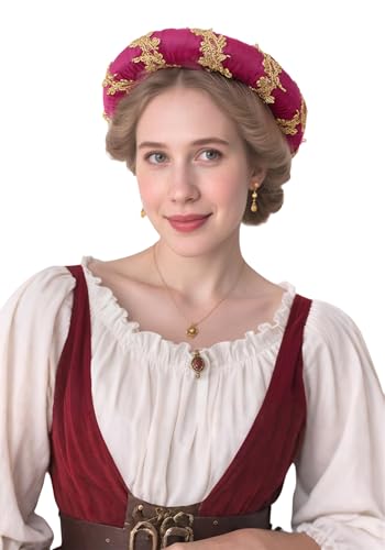 Koalswm Renaissance Padded Roll Cap Chaplets Medieval Velvet Headwear Headpiece with Golden Edge Headdress (Burgundy)