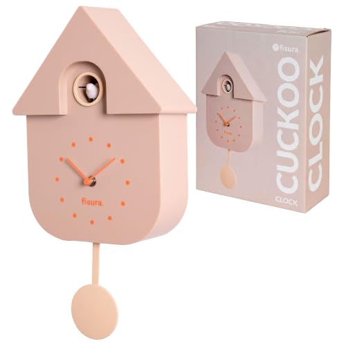 Fisura - Orologio a cucù beige con quadrante arancione. Orologio moderno a pendolo. Originale orologio da parete da regalare. 3 batterie AA non incluse. Dimensioni: 21,5x8x41,5. Plastica ABS.