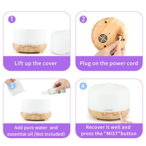 Happtws 500Ml Essential Oil Diffuser Set - Cold Mist Humidifier And Diffuser 2-In-1, 4 Timers And 7 Color Settings, No Water Auto Shut Off, Suitable For Room, Yoga Room, Office #TOP7