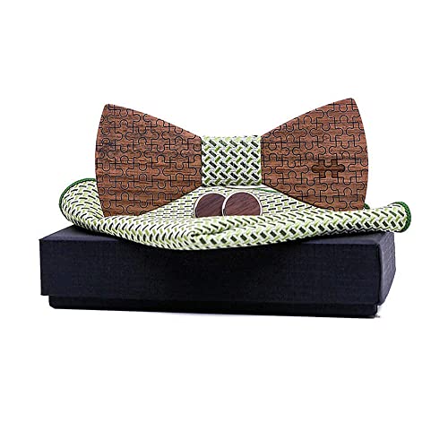 GIVBRO Boutons de manchette carrés en bois avec nœud papillon et boîte pour homme, fête de mariage, déguisement, vert