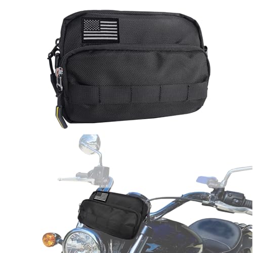 Larswon Motorcycle Handlebar Bag – Water Resistant Front Fork Pouch Storage Compatible with Cruiser, Softail, Dyna, Sportsters, Dirt Bike & Bicycle | Detachable Strap | Customizable Patch Black