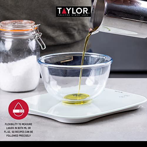 Taylor Pro Digital Kitchen Food Scales, Compact Professional Standard With Precision Accuracy And Waterproof Design With Tare Feature, White Glass, Weighs 14 Kg/14 L Capacity #TOP3