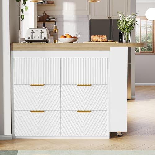 Bartisch Stehtisch mit 6 Schubladen, Küchenbuffet Sideboard mit Kippsicherung, Multifunktionaler Tisch 360° drehbar als Esstisch, Hausbar oder Homeoffice-Schreibtisch für Wohnzimmer, Küche, Restaurant