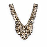 Trimming Shop Collar bordado con diamantes de imitación dorados y plateados, encaje en forma de V, apliques en malla negra, escote joya para vestidos, vestidos, chaquetas, tops, 10 unidades