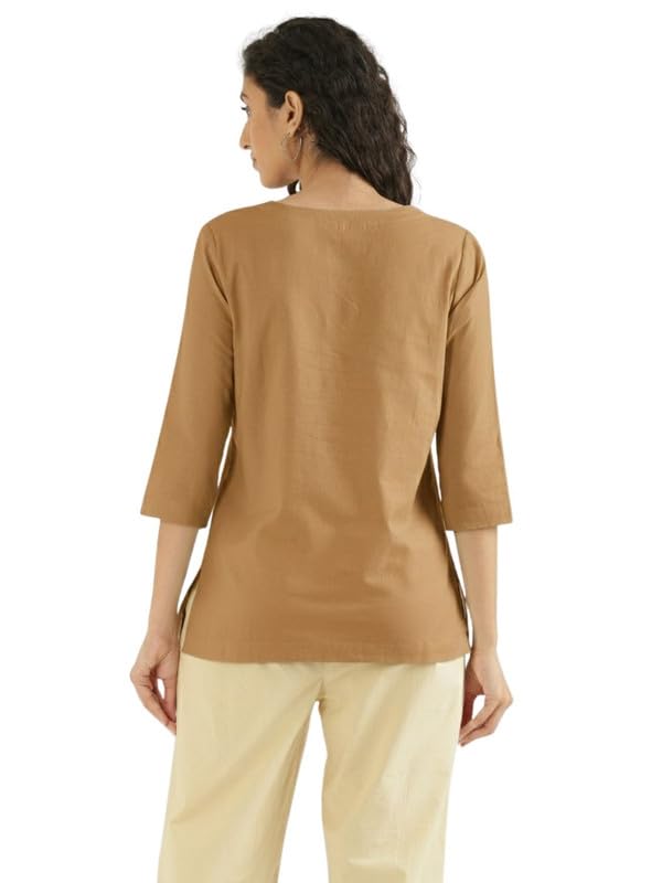 Image of SAADAA Airy Linen Split Neck Short Kurta for Women | Casual & Office Wear | 3 /4 Sleeves, Comfortable Fit | Elegant Top | Lightweight & Breathable Fabric |