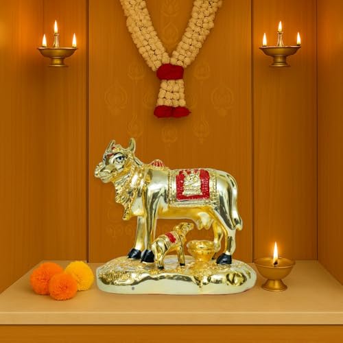 Image of Gold Plated Cow and Calf Idol | Medium Size Gomata Statue for Home Temple & Vastu | Prosperity Showpiece for Pooja & Decor | Hindu Sacred Cow Figurine | 9 x 6 x 10 cm