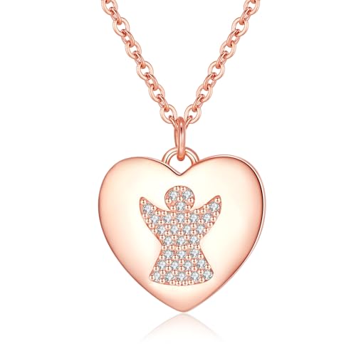 Jrêveinfini Ange Gardien Collier Bijoux Femme Enfant Fille Or Rose Argent 925, Personnalisé Porte Bonheur Cœur Collier Pendentif, Cadeau Anniversaire Femme Maman Bapteme Communion Fille