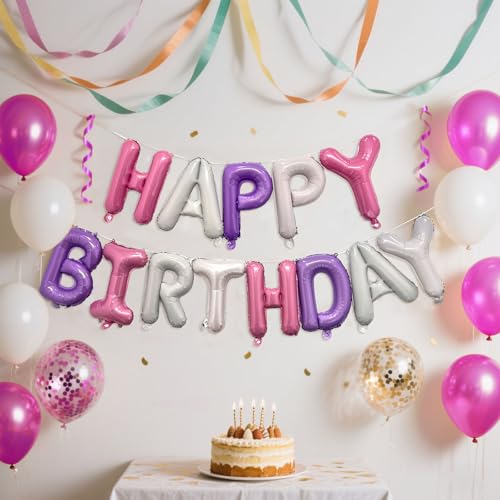 Image of Pink Purple Happy Birthday Balloon Banner Set -16 Inch Foil Letters Balloons, Reusable Birthday Decorations and Party Supplies, Suitable for Men and Women's Birthday Decorations，Party Backdrop