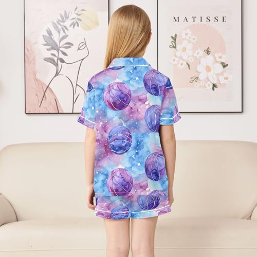ALAZA Basketball Watercolor Blue Satin Pajamas Set Short Sleeve Button Down Sleepwear Summer Pjs 2 Piece4