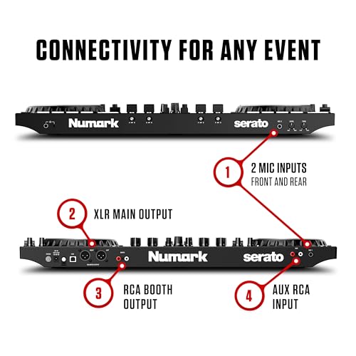 Numark NS4FX 4-Kanal DJ Controller Pult, Touch-Jogwheels mit Display, Pads und Effekten, Booth- und Main-Ausgänge, Serato DJ Lite Enthalten