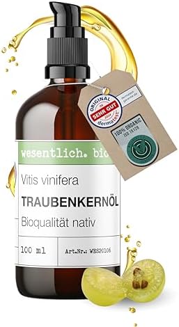 wesentlich. Olio di semi d'uva biologico, pressato a freddo, cura...