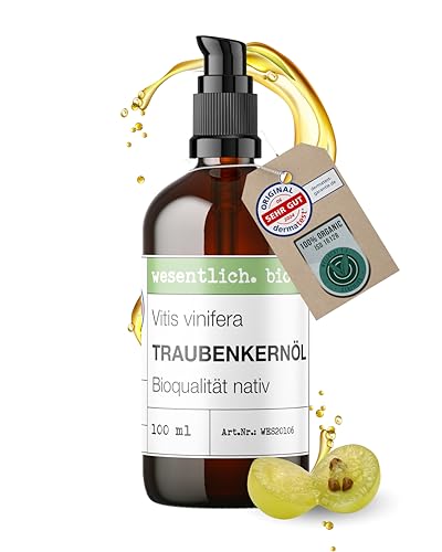 wesentlich. Huile de pépins de raisin bio pressée à froid | Soin de qualité supérieure naturel pour la peau et les cheveux | Protégée de la lumière et sans plastique dans une bouteille en verre ambré
