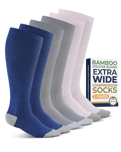 Pembrook 3 Pairs Plus Size Compression Socks Wide Calf - Bamboo Viscose Plus Size Socks for Women Wide Calf, Gray, Navy, Light Pink
