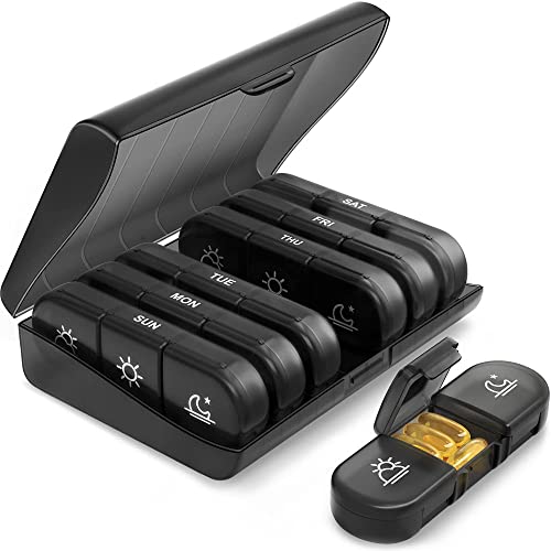 LEVADA PLUS Portable Pill Organizer 3 Times in Day for 1 Week - Light-Proof for Travel Daily Use Portable Pill Box - Case for Multi Vitamins Pills Medicine Fish Oils Supplements (Black)