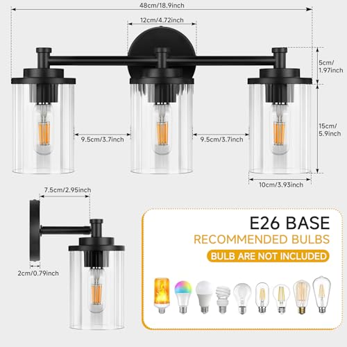 Image of 3-Light Bathroom Light Fixtures, Black Vanity Light with Clear Glass Shade, Modern Bathroom Lighting Fixtures Over Mirror, 19 inch Bathroom Vanity Light for Mirror Bedroom Hallway