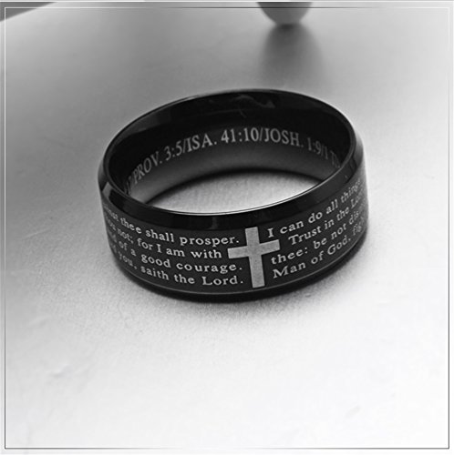 INRENG Men's Stainless Steel Bible Verse Christian Lord's Prayer Cross Ring Wedding Bands Black Size 10