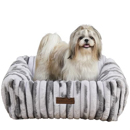 Image of Modern Threads Ribbed Plush Two-Tone Cuddler Dog Bed, Ultra-Soft Faux Rabbit Fur, Supportive Bolstered Sides, Removable Washable Cover, Bed for Small to Medium Dogs, Silver, (24 inch L x 20 inch W x 8 inch Th)