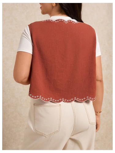 SweatyRocks Women's Plus Size Boho Embroidery Vest Vintage Scalloped Sleeveless Cardigan Waistcoat3