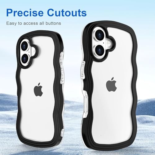 Image of GoldKart iPhone 16 Case Wavy Edge Clear Back Design, Anti-Slip Grip Cute Wave Curly Frame Shape Shockproof Soft TPU & Hard PC Bumper Protective Phone Case Cover for Women Girls - Black