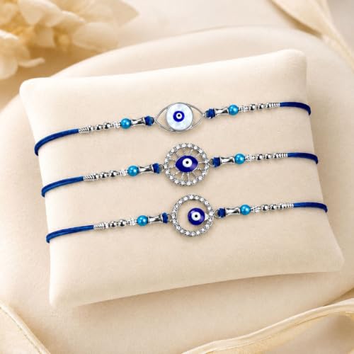 Image of Oblivion 3 Rakhi Combo for Bhaiya, Circle Bead, Big Diamond and War Eye Handmade Threads with Roli Tikka, Silver Color Pooja Coin & Greeting Card | Fancy Rakshabandhan Festive Gift Set, Pack of 6