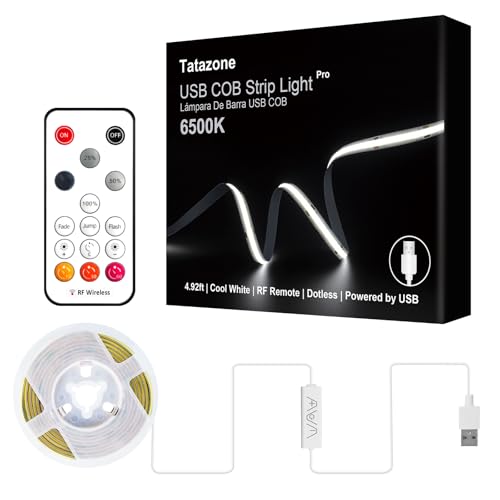 Tatazone 5V USB COB Led Strip Light with RF Remote, 4.92ft 6500K USB Powered COB Led Light Strip, Dimmable Indoor COB Led Light for Cabinet, TV, Camping, Monitor, Showcase, Motorhome