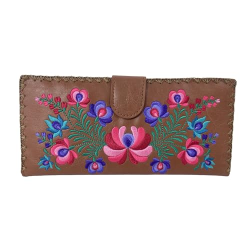 Hungarian Flowers Folk Art Embroidered Bi-Fold Wallet, Beautiful floral Folk Art Flat Large Wallet, Hungarian Folk Art Embroidery Wallet Gift (Bi-fold Flat, Brown)