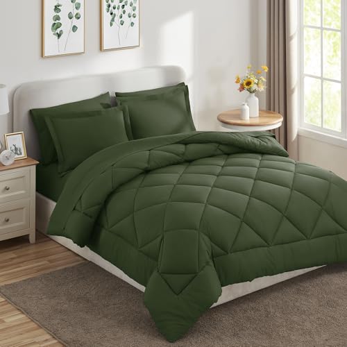 Image of CozyLux Full Size Comforter Sets Olive Green - 7 Pieces Bed in a Bag Full, Luxury Soft Bed Set for All Seasons, Bedding Set with Down Alternative Comforter, Sheets, Pillowcases & Shams