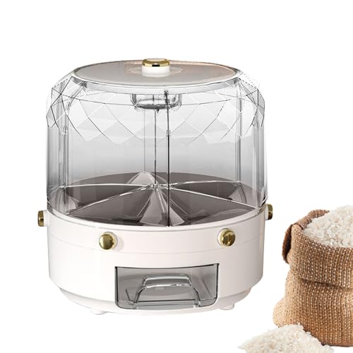 Generisch Secchio da riso rotante – contenitore rotondo per cereali – secchio da riso rotondo con 6 griglie, distributore di cibo secco rotante per il ristorante domestico