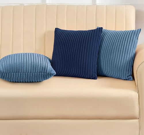 Image of Yellow Weaves Pencil-Stripe Fur Cushion Covers | Soft Polyester | Decorative Sofa & Throw Pillow Covers | 16x16 Inches, Pack of 3 (Blue & Sky Blue)