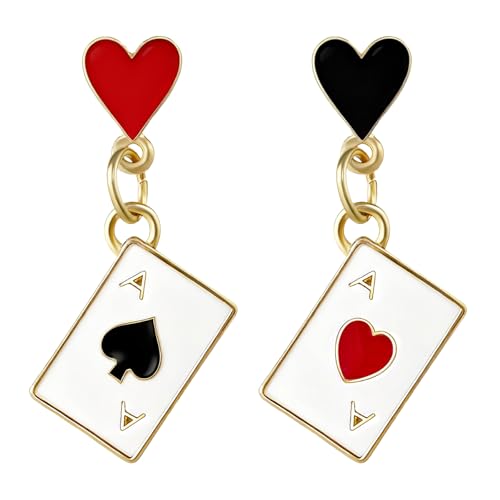 Clofiak 1Pair Queen of Hearts Earrings Asymmetric Red Heart Queen Poker Earring Poker Clock Dangle Earrings Red Tassel Earrings Costume Accessories for Women