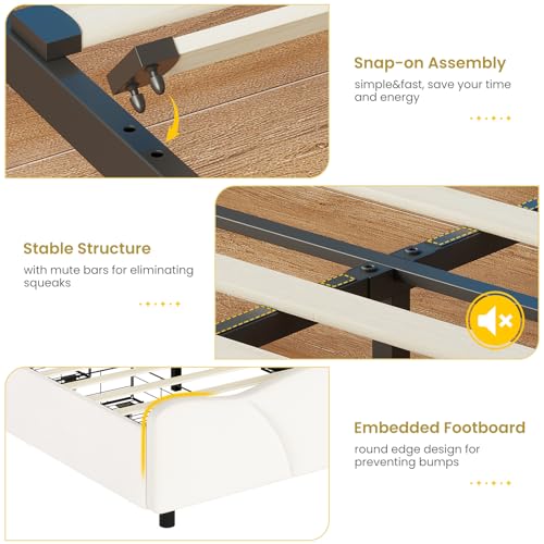 MSmask Queen Bed Frame with 4 Storage Drawers and LED Lights, Velvet Upholstered Platform Bed Frame with Height Adjustable Headboard, LED Bed Frame with Type C & USB, No Box Spring Needed, White