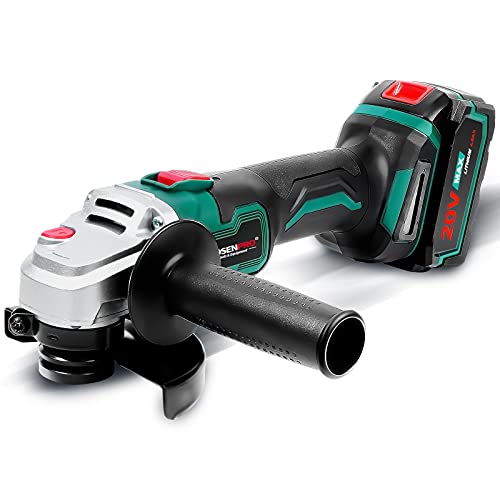 Amoladora Angular a Batería 125mm, POSENPRO Amoladora Angular 20V con Batería 4.0Ah y Cargador, Motor sin escobillas 8000RPM, para Cortar Pulido Azulejo de Cerámica Madera Piedra Acero