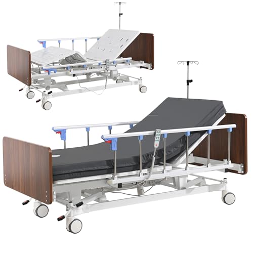 OLERN Full Electric Home Care Hospital Bed Included 4.7\" Memory Foam Mattress&IV Pole-16.1\"-29.1\" Height Range-530LBS Loading, Central Locking with 5\" Casters, Adjustable Nursing Bed Frame