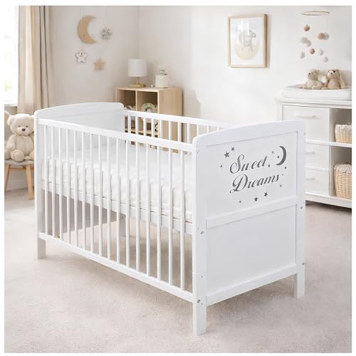 Baby Delux Babybett Kinderbett umbaubar zum Juniorbett weiß 140x70 Matratze mit Motiv Sweet Dreams (mit Komfortmatratze 140x70x9 cm)