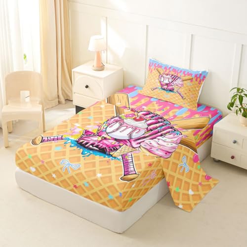 Image of Castle Fairy Baseball Cream Bed Sheets Twin Size,Ball Dessert Cherry Plaid Easy Wash Bedding Set,Kawaii Sport Game Kids Room Decor,Pink Bule Yellow Sheet(Fitted+Flat+1 Pillowcase)