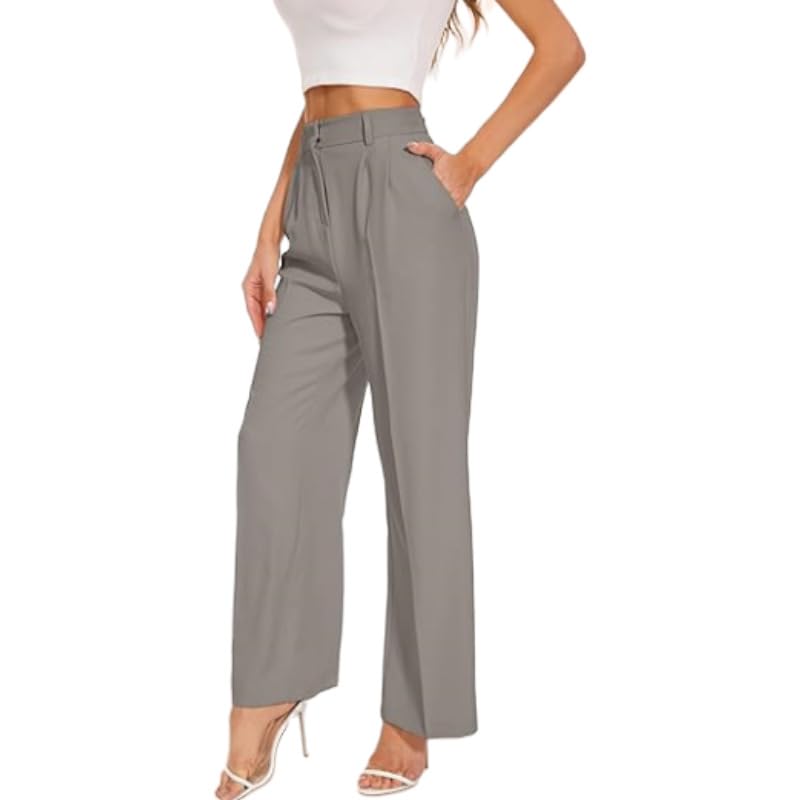 Womens Wide-Leg Pants with Pleats on The Front and Pockets Stylish Long Pants for Office wear Casual Pants