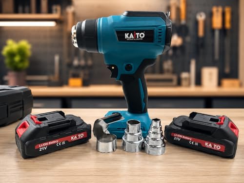 Image of KAITO Cordless Heat Gun 21 V Li-Ion with 2 x 2.5 Ah Batteries & Charger | Portable Hot Air Gun with 3 Nozzles | Dual-Temperature Heat Gun for PVC Shrink Wrap, Paint Removal, Craft & Mobile Repair