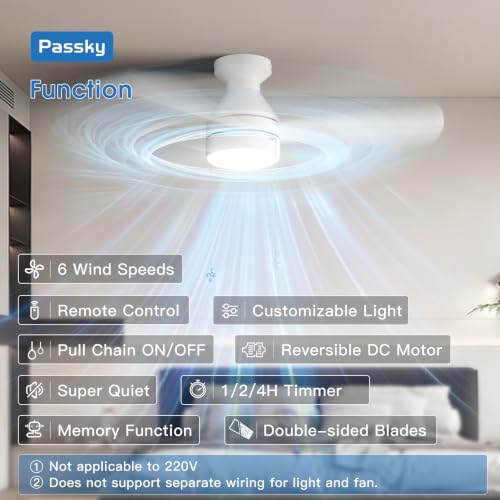 Image of Passky 42 Inch White Low Profile Ceiling Fan with Light, Pull Chain&Remote | Flush mount, pull chain, remote, 3-color dimmable light, quiet reversible DC motor, easy install, memory, timer, bedrooms