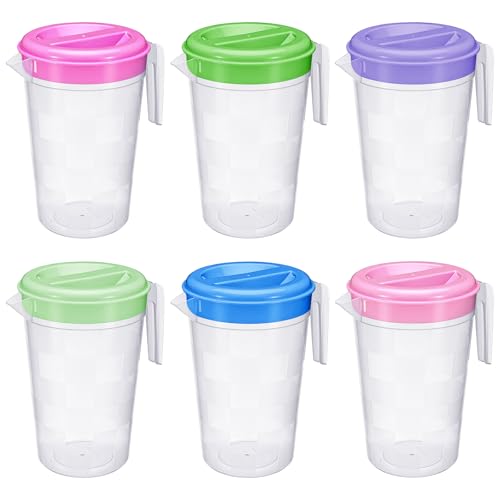 Honeydak 6 Pcs Round Clear Plastic Pitcher with Lid & Handle for Water Iced Tea Beverages (6 Packs Assorted Color) Jarras Para Aguas Frescas Plastic Pitcher for Easy Pouring