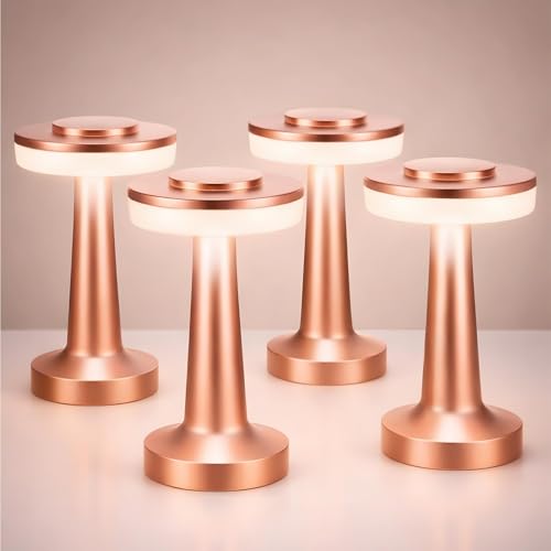Image of Riakrum 4 Pcs LED Cordless Table Lamp Bulk Rechargeable,Rose Gold | Portable Wireless Lamps, 3 Color Stepless Dimming, 15 Hour Battery, Touch Control, Wedding Home Restaurant Decor