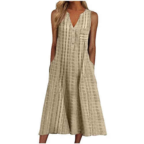 Vestidos de verano para mujer, vestido camisero de algodón y lino para mujer, casual, holgado, maxi, de verano, a rayas, cuello en V, sin mangas, largo, para vacaciones, playa, fiesta, caqui, XL