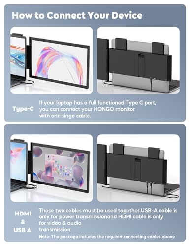 Image of HONGO 14'' Laptop Screen Extender, FHD 1080P IPS Dual Display Portable Monitor for 14-16'' Laptops, USB-C /HDMI, Plug and Play for Windows, Mac, Android, Switch and PS5