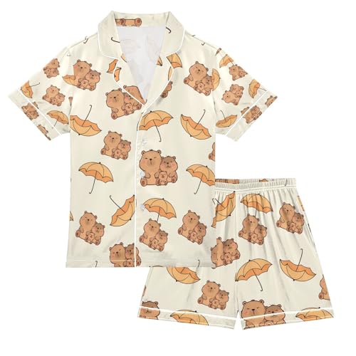 senya Cute Capybara with Umbrella Satin Summer Pajama Sets Silk Short Sleeve Button Down Sleepwear