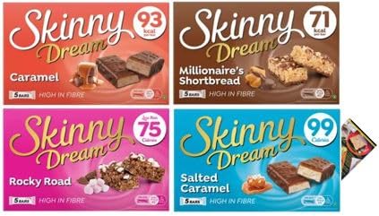 Image of Skinny Dream Snack Bars Variety Pack, Salted Caramel, Millionaires Shortbread, Caramel, Rocky Road and Kitchenfella 14 Day Healthy Eating Challenge Postcard