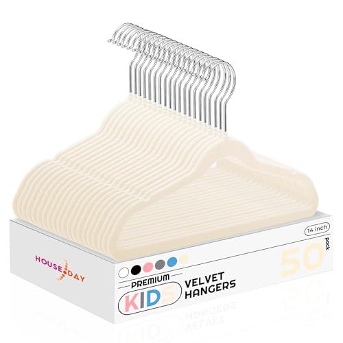 HOUSE DAY Samt-Kleiderbügel, 35,6 cm, langlebig, große Kinder-Kleiderbügel für Jugendliche, rutschfeste Kinder-Kleiderbügel, niedlicher Kinder-Kleiderbügel für Schrank, Beige, 50 Stück