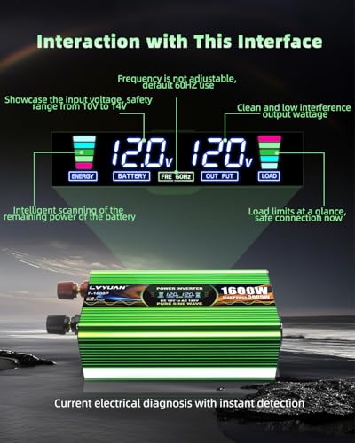 1600W Pure Sine Wave Power Inverters, LVYUAN 3000W Peak Power 12V DC to AC 120V Converter for Vehicle, RV, Off-Grid Solar, Remote Control 4 AC Outlets, 4 USB Ports Inverter with LCD Display